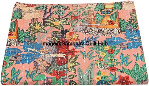 Vista 2 de Frida Kahlo - Manta acolchada de algodón estampada hecha a mano india, colcha Kantha Work bohemia para decoración de cama, manta