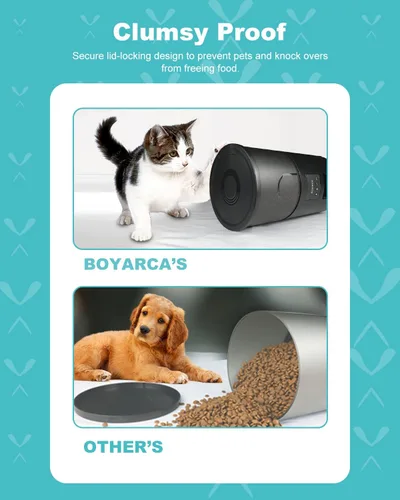 Vista 9 de Boyarca Comedero automático para mascotas de funcionamiento manual, alimentador automático para perros con bolsa desecante, alimentadores