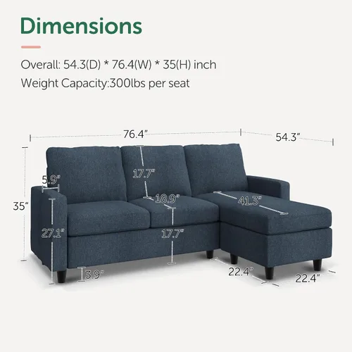 Vista 2 de HONBAY Sofá modular convertible, sofá en forma de L con diván reversible para espacio pequeño, color azul medio