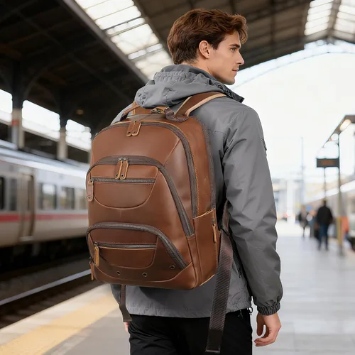 Vista 6 de TIDING Mochila de cuero para hombre para laptop de 16 pulgadas y 15.6 pulgadas, bolsa de trabajo vintage de viaje de negocios, mochila grande