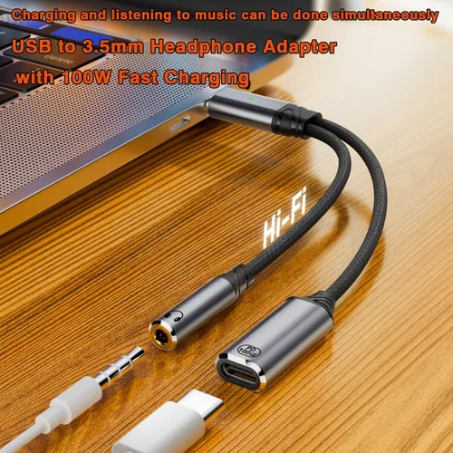 Vista 3 de Adaptador USB C a auriculares y cargador de 0.138 in, adaptador de audio USB C a auxiliar 2 en 1 con carga rápida PD 3.0 de 60 W, chip DAC