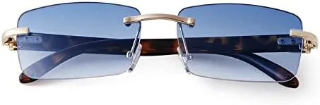 Vista 2 de Laurinny Lentes de sol rectangulares de metal dorado con lente tintada, patillas de madera de los años 90, gafas retro para mujeres y hombres