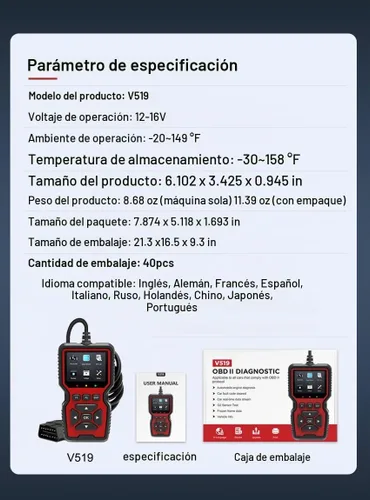 Vista 2 de Outzone Escáner V519 OBD2, lector de código universal para automóvil con pantalla a color de 2.8 pulgadas, 10 idiomas y función de impresión
