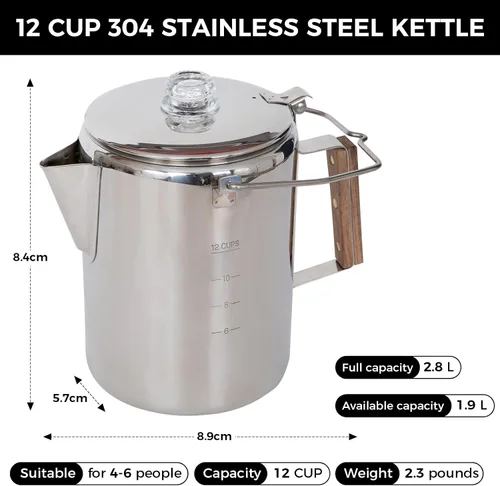 Vista 2 de KingCamp Percolator - Cafetera de acero inoxidable 304 con mango de madera para acampar al aire libre, cabina, caravana, cocina, caza y mochilero