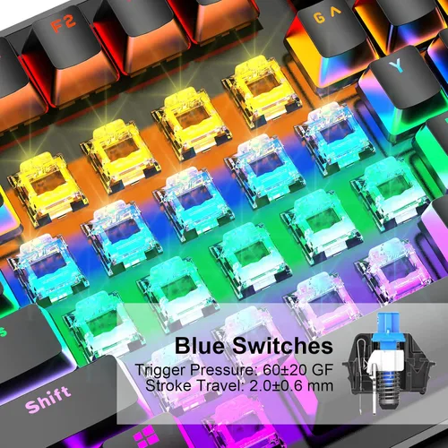 Vista 4 de Anivia - Teclado mecánico para juegos, clásico teclado USB con cable con interruptores azules, teclado impermeable de 87 teclas para PC, portátil