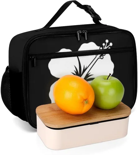 Vista 7 de Lonchera reutilizable con diseño de flores de hibisco blanco, bolsa de almuerzo aislada, lonchera para comida y alimentos, bolsa de mano