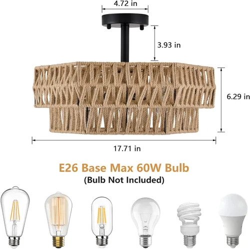 Vista 7 de XSDeTu Lámpara de techo semiempotrada de granja, 3 luces, estilo bohemio, lámpara de techo de cuerda de cáñamo tejida rústica, lámpara de techo