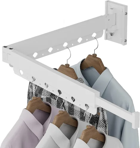 Vista 9 de Estante de Secado de Ropa, Tendedero de Ropa Retráctil y Plegable para Montaje en Pared para Interior, Estante de Colgar Ropa Ahorrador de Espacio