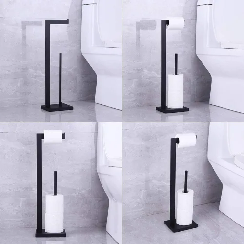 Vista 2 de Soporte para papel higiénico negro mate, soporte para rollo de papel higiénico con reserva de estante, organización portátil de almacenamiento