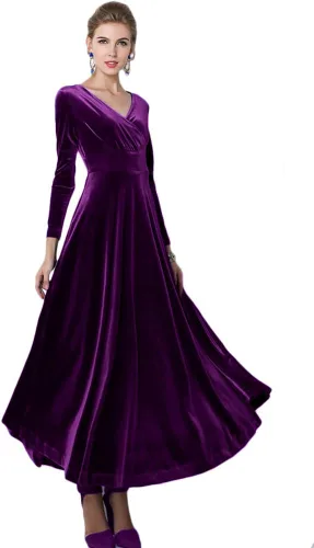 Vista 9 de Urban CoCo Vestido largo de terciopelo elástico con manga larga y cuello en V para mujer Negro