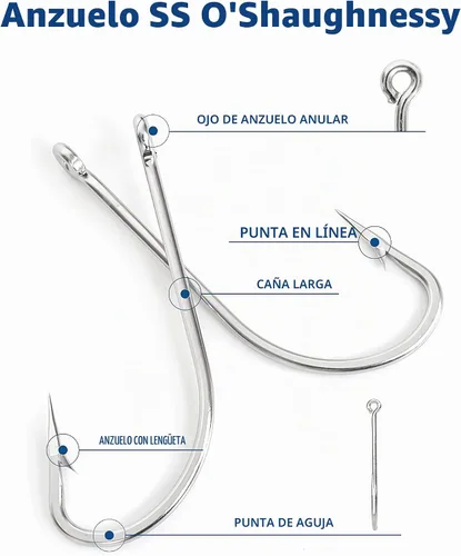 Vista 3 de BLUEWING Ganchos de acero inoxidable SS O 'Shaughnessy 5pcs/10pcs Heavy Duty Long Shank para agua salada y agua dulce