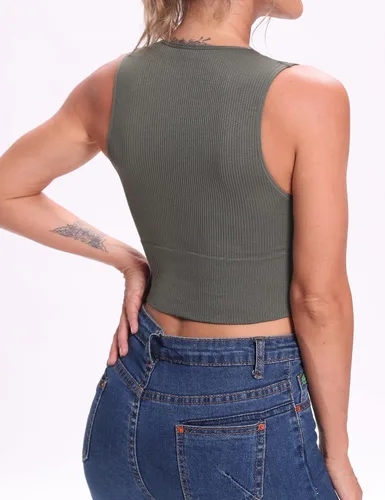 Vista 6 de Venbond - Ombliguera sexy sin mangas y costuras para mujeres, camiseta estriada sin mangas, escote profundo y cuello en V, con almohadillas