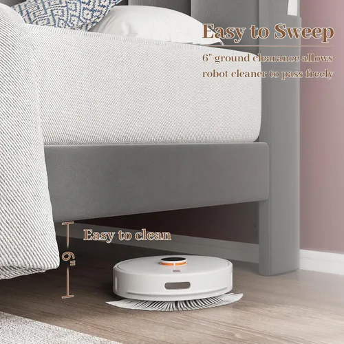 Vista 10 de CypBed Base de cama de tamaño matrimonial con luces LED de cabecero, cama matrimonial tapizada de terciopelo, cama matrimonial con plataforma Gris