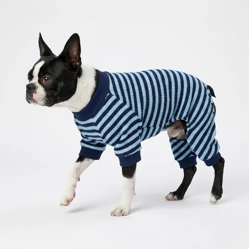 Vista 4 de Fitwarm Pijamas para Perro a Rayas Azules y Blancas, Ropa para Perros Pequeños Hembra y Macho, Mameluco para Cachorro con Pies, Atuendo para Gato