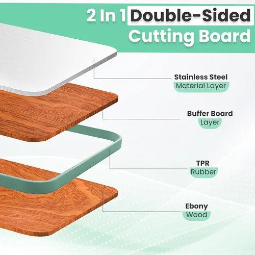 Vista 7 de Tabla de cortar de doble cara – Acero inoxidable de gran tamaño y madera de ébano – Tabla de cortar antideslizante 2 en 1 duradera con ranura