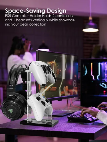 Vista 3 de OAPRIRE Headset and Controller Stand, Space-Saving 2 Tier Game Controller Holder, Acrylic Controller and Headset Stand for Desktop, Universal Design