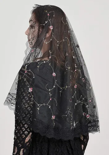 Vista 6 de FANFAN Encaje Rosa Flor Mantilla Capilla Velo Católico Chal Envoltura Y018