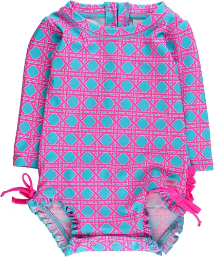 Vista 46 de RuffleButts - Traje de baño de una pieza con protección solar UPF 50+, camiseta de protección floral estampado, manga larga, con cierre zipper