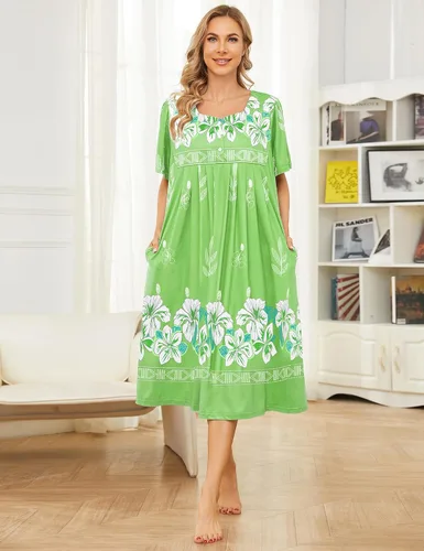 Vista 4 de Bloggerlove Camisón hawaiano para mujer, vestido de casa hawaiano Muumuu con estampado de tumbona, vestido de patio con bolsillos Moomoo