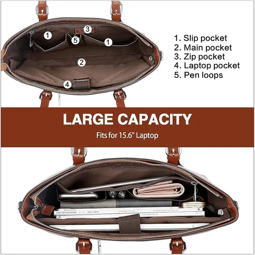 Vista 6 de BOSTANTEN Bolso de hombro de piel para mujer, bolso de hombro vintage para laptop, maletín y carteras para mujer, de cuero genuino con bloqueo RFID