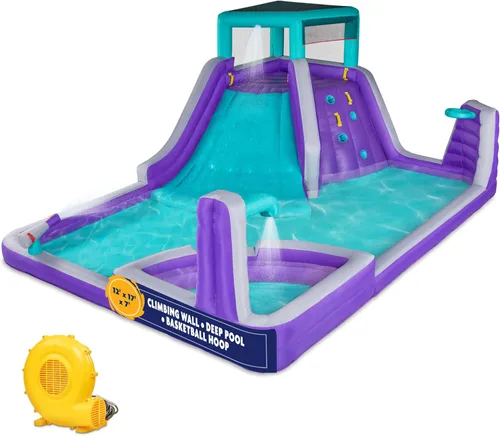 Vista 9 de Sunny & Fun - Parque inflable de cuatro esquinas, resistente para diversión al aire libre, pared de escalada, tobogán y piscina profunda, fácil