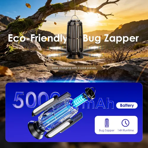 Vista 2 de Exterminador solar de insectos para exteriores – Batería de 5000 mAh, matamosquitos de 4200 V, recargable USB-C y paneles solares de 4 lados Negro