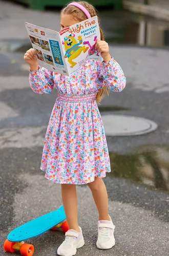 Vista 4 de Vestido floral con cintura fruncida para niñas, ropa de juego para la iglesia, vacaciones, vestido midi suave con bolsillos