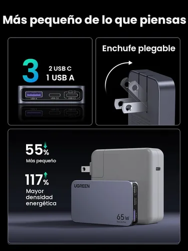 Vista 4 de UGREEN Nexode Pro 65W GaN USB C Cargador de Pared Delgado de 3 Puertos, Cargador Compacto Rápido PPS para iPhone Serie 17/16/15, MacBook Air, iPad