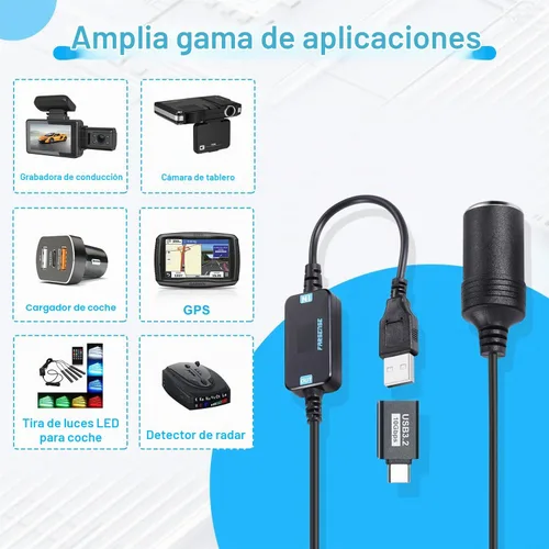 Vista 3 de FARSENSE Adaptador USB A a enchufe de cigarrillos de 12V - Cable convertidor de enchufe de encendedor de cigarrillos de coche de 5V DC USB C a 12V