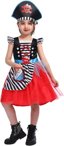 Vista 4 de SPUNICOS Disfraz de pirata de lujo para niñas, vestido de princesa pirata con accesorios
