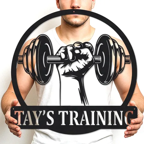 Vista 46 de Cartel de metal personalizado para gimnasio con nombre, arte de pared para sala de entrenamiento en casa, garaje, espacio de fitness, decoración
