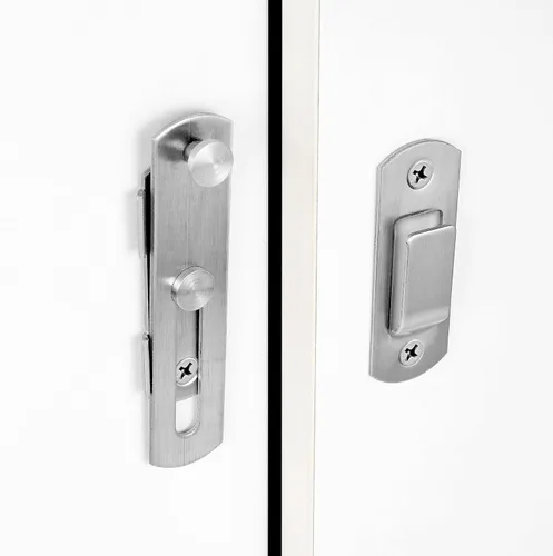 Vista 4 de INIRET Paquete de 4 pestillos para puerta de granero, 3.93 x 2.75 pulgadas, acero inoxidable de níquel cepillado, cerraduras de puerta abatibles