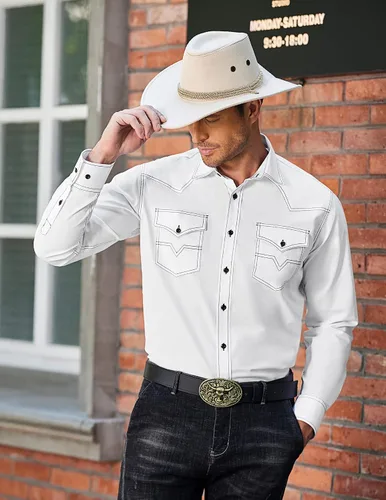Vista 2 de COOFANDY Camisas vaqueras occidentales de manga larga de algodón con botones y bolsillos para hombre