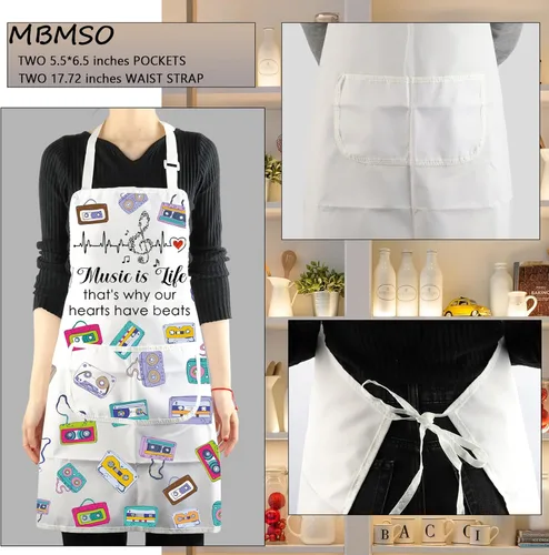 Vista 3 de MBMSO Delantales Beat Music con bolsillos, delantal de cintas para amantes de la música, profesor músico, delantal de notas