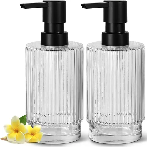 Vista 9 de VIMERPA Dispensador de Jabón Negro, Dispensadores de Jabón de Manos de 11 fl oz para Baño, Dispensador de Jabón de Platos de Vidrio Acanalado Negro