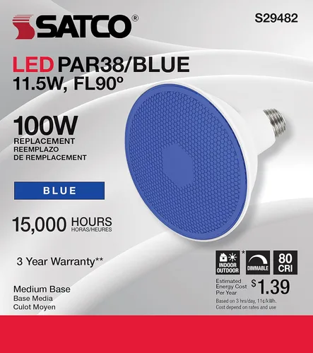 Vista 7 de Satco S29482 - Bombilla LED de color PAR38 de 11,5 W, color azul