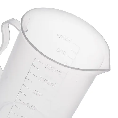Vista 5 de uxcell Taza de medición 10.1 fl oz PP plástico graduado vaso de precipitados transparente con mango para líquidos de cocina de laboratorio 3 unids