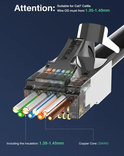 Vista 6 de VCELINK Conector CAT6A, conectores RJ45 pasan a través de CAT6A CAT7 blindado, chapado en oro de 3 clavijas con certificación UL, conector CAT7