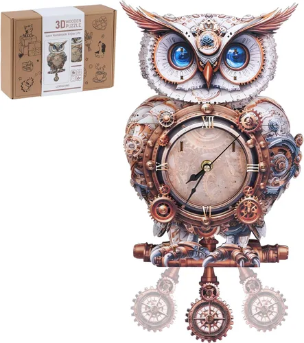 Vista 15 de Rompecabezas de madera 3D para adultos, rompecabezas 3D reloj bulldog (con péndulo) 32 piezas, rompecabezas de madera para principiantes