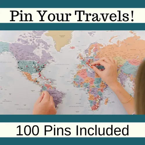 Vista 6 de 3 paneles – Lienzo personalizado Mapa de viaje del mundo ejecutivo con alfileres – Mapa de pared extra grande