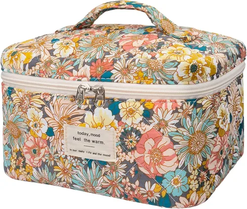 Vista 16 de Gosect Bolsa de maquillaje grande, bonita bolsa de cosméticos para mujeres y niñas, bolsa de aseo estética de coqueta floral, bolsa organizadora