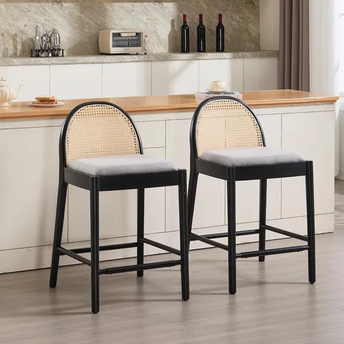 Vista 31 de HEAH-YO Taburetes de bar de ratán, juego de 2, taburetes de barra de 26 pulgadas de altura de mostrador con respaldos de ratán y patas de madera