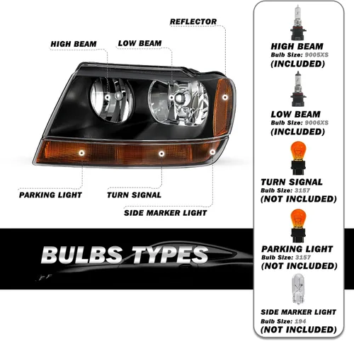Vista 2 de SOCKIR Conjunto de faros delanteros compatible con Jeep Grand Cherokee 1999-2004 halógeno (carcasa negra, parte inferior ámbar, con bombillas)