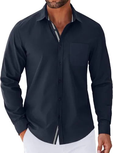 Vista 21 de COOFANDY Camisa para hombre de manga larga casual con botones, camisas sin doblar para hombre de ajuste regular