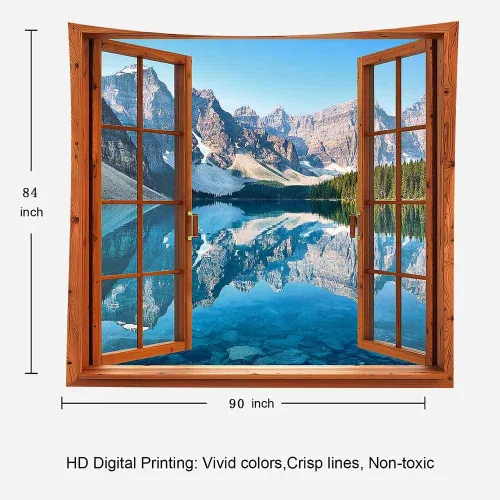 Vista 5 de Aidatain Tapiz de ventana de montaña, lago, bosque, escena, paisaje natural, para colgar en la pared, tapices grandes de franela de 84 x 90