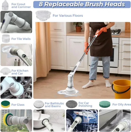 Vista 6 de Joyzan Limpiador eléctrico giratorio, cepillo de ducha de limpieza inalámbrico, 8 cabezales limpiadores, pantalla LCD, mango de extensión ajustable