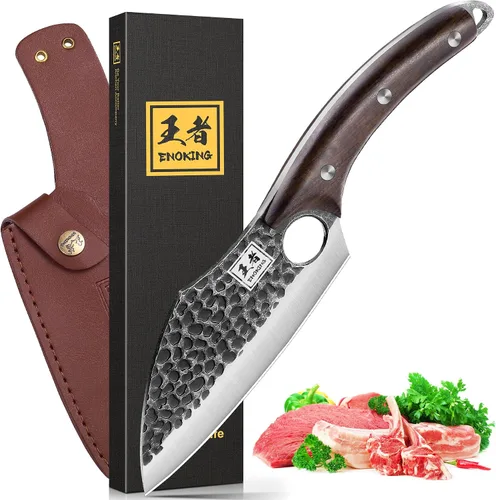 Vista 11 de ENOKING Cuchillo de carnicero de 5.7 pulgadas, cuchillo forjado a mano resistente para huesos con mango de madera, cuchillo de carnicero de espiga