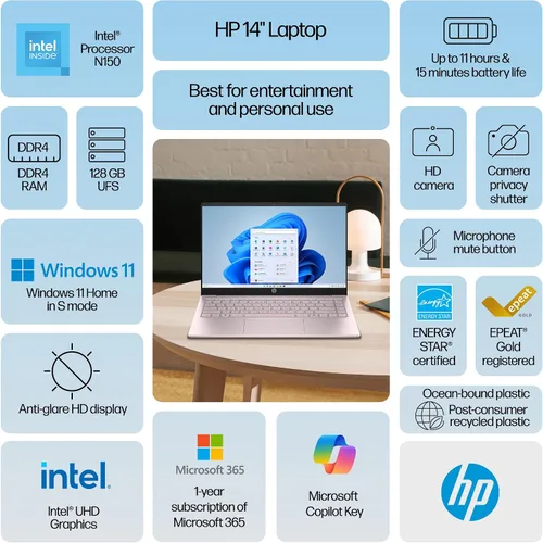 Vista 2 de Laptop personalizada, creada con laptop HP de 14 pulgadas, Office 365 de 1 año, Intel N150 Quad-Core, 16 GB de RAM, SSD PCIe de 512 GB, con UFS
