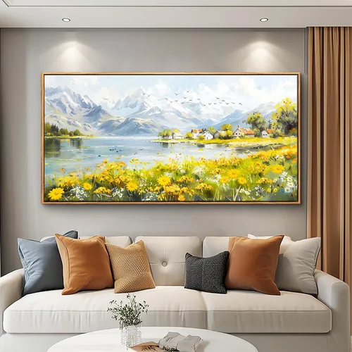 Vista 10 de XIGUANGART Arte de pared enmarcado de montaña, decoración de pared de montañas horizontales largas, pintura de pared de naturaleza de pinos