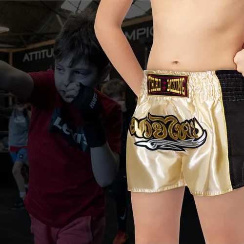 Vista 6 de Pantalones cortos de Muay Thai para niños (4 años a 10 años) para boxeo, kickboxing, artes marciales mixtas, entrenamiento para niños y niñas